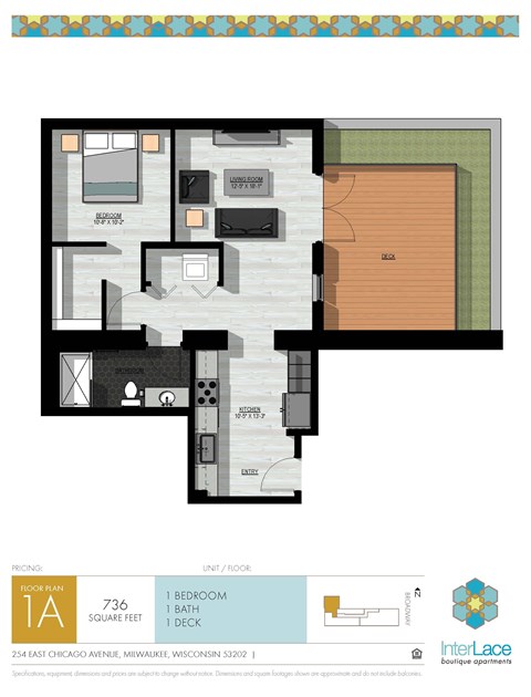 Floor plan for 1 bed, 1 bath, 736 sqft
